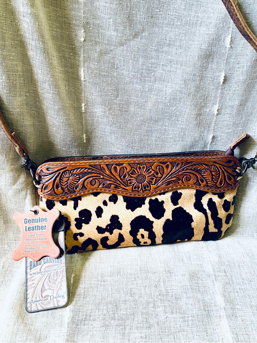 Leather-Trim Leopard Print Crossbody Clutch - Brown/Black removable strap